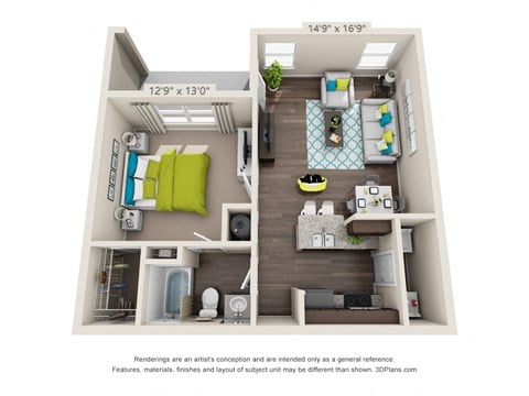 Floor plan for 1 bed, 1 bath, 675 sqft